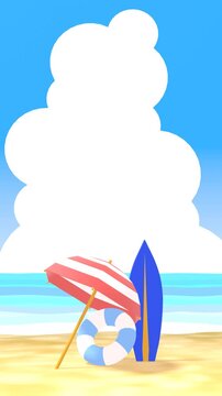 入道雲と波が控えめに動く、夏の浜辺にサーブボードとパラソルがある3DCG風景　縦長　ループ動画