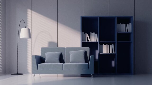 Minimalist living room with shifting shadows on blue sofa and bookshelf.