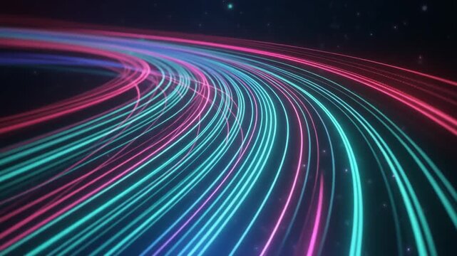 Futuristic neon light trails speeding through digital data network