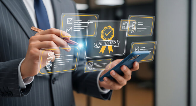 Digital attestation and certification interface, businessman verifying online documents, quality assurance concept