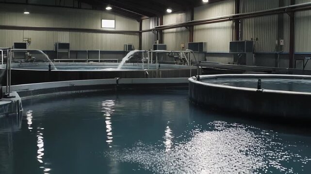 Water continuously circulating in large circular tanks inside an industrial aquaculture facility. Demonstrating sustainable fish farming and the cultivation of aquatic species for commercial purposes