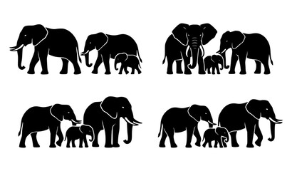 Decorative Wild Elephant Family Silhouettes with Calf and Adult Variations Vector Set © Md Humaun