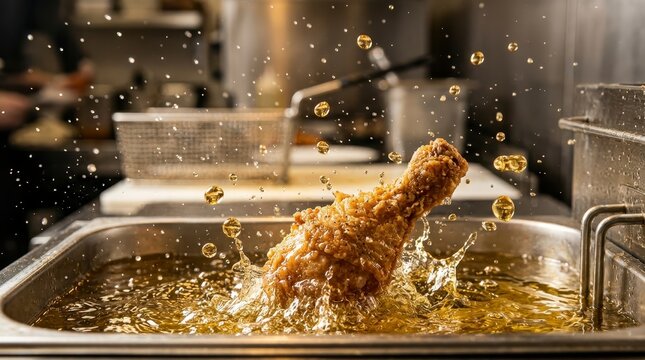Crispy Fried Chicken Leg Splashing in Hot Oil, Culinary Delight.