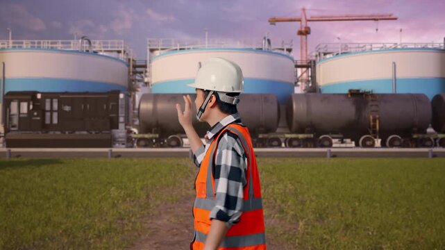 Side View of Asian Male Engineer Waving Hand Saying Bye While Walking at Oil Refinery with Large Fuel Tanks and Cargo Train