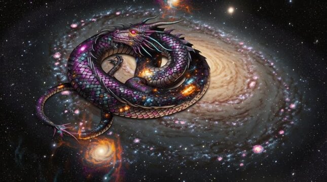 A cosmic dragon swirling through space, surrounded by stars and nebulae, blending myth and science fiction.