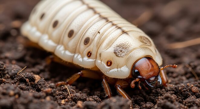 Close-up of a white grub worm.