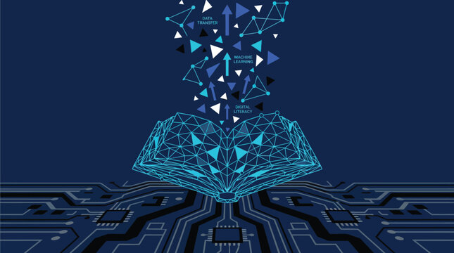 Book releases a stream of digital data nodes and geometric shapes over a complex circuit board.