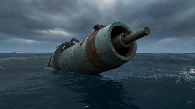 Abandoned industrial canister bobbing in stormy ocean waves