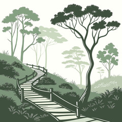 Obraz premium Illustrated walking path on a hillside surrounded by lush forest with boardwalk
