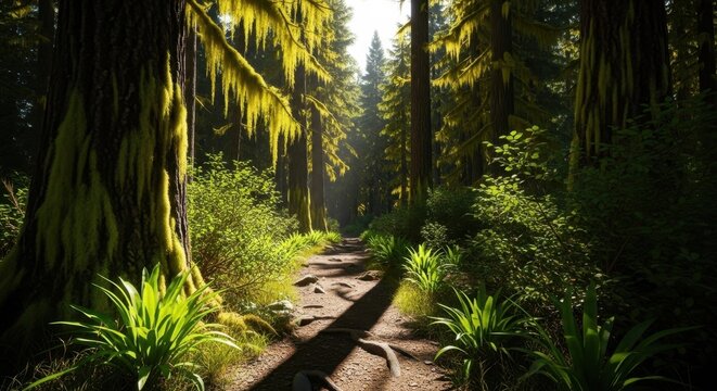 Sunlit temperate rainforest trail with lush green foliage and moss-covered trees