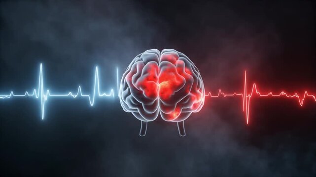 Human Brain with Glowing Neural Activity and Dynamic Pulse Wave