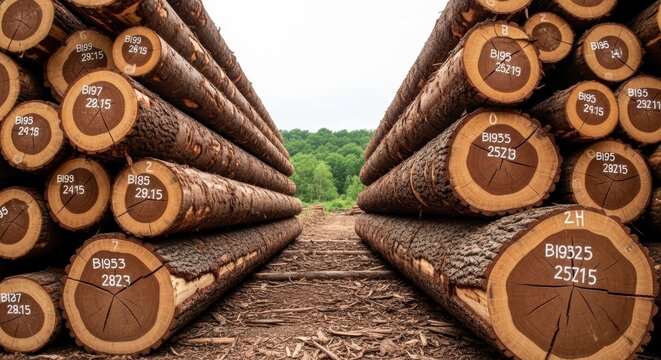 Vast Stacks of Harvested Timber Logs at a Lumber Yard with a Forest Background