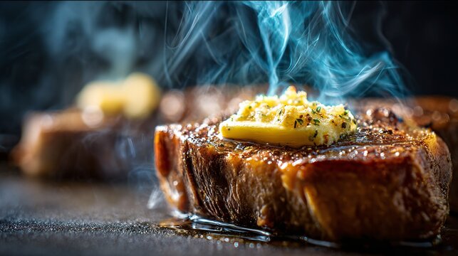 A gourmet close up of roasted garlic butter melting over a hot steak with steam rising under dramatic lighting