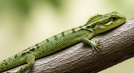 Fototapeta premium Green lizard on tree branch outside.