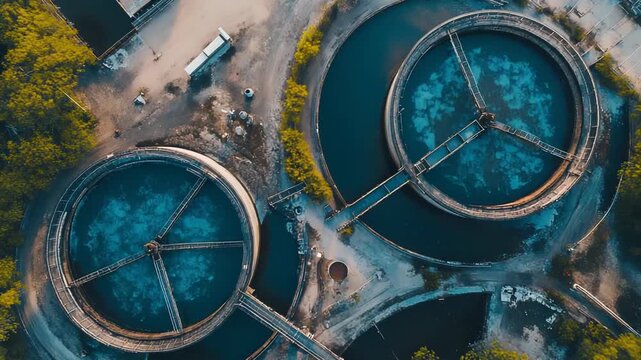 Water treatment plant clarifying tanks with moving bridges from an aerial perspective, illustrating modern infrastructure for environmental protection and industrial processes