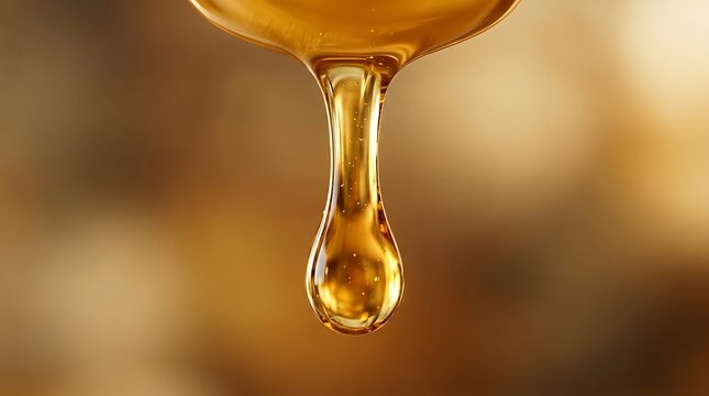 Golden honey dripping from a spoon, captured in a close-up macro shot, highlighting its rich texture and viscous consistency against a blurred warm background