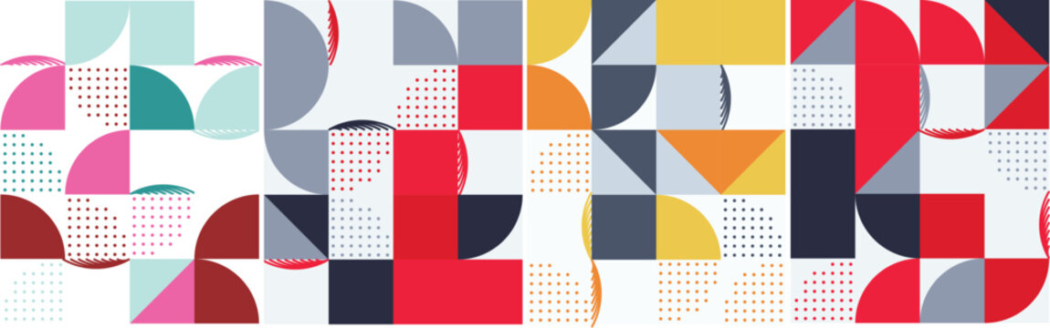 Abstract geometric pattern with quarter circles triangles dotted textures