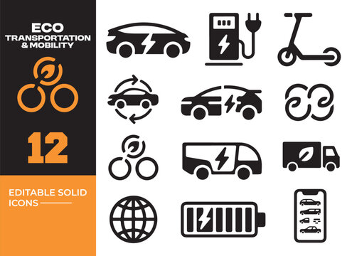 Eco Transportation Mobility Solid Icons Set for Sustainable Transport Systems