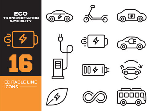 Eco Transportation Mobility Outline Icons Set for Green Travel Solutions