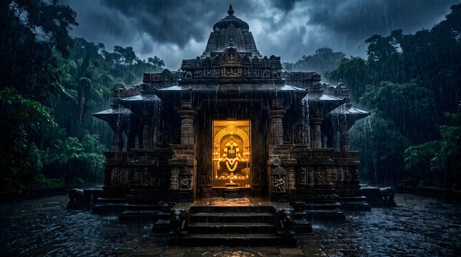 Ancient temple glowing during rainstorm in tropical forest