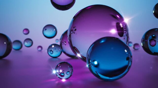 Abstract 3D render of transparent purple and blue glass spheres of varying sizes floating in a soft blue environment with depth of field, bokeh, and refractive light reflections.