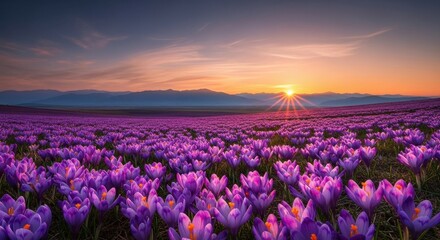 Obraz premium Vibrant purple crocus flowers in a vast field at sunset with distant mountains under a colorful sky