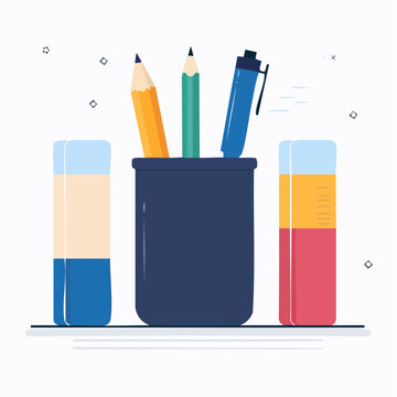 Stationery items: pencils, pen, and erasers in a holder