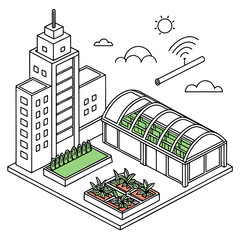 Naklejka premium Urban farm with greenhouse and city buildings eco friendly garden beds