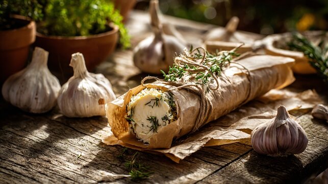 A farmhouse-style composition with roasted garlic butter wrapped in parchment paper and tied with string, placed on a wooden table with garlic bulbs and herbs under warm sunlight