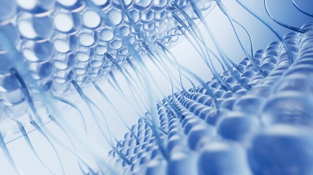 Abstract microscopic view of blue cells with thread-like structures moving and vibrating across a light background.