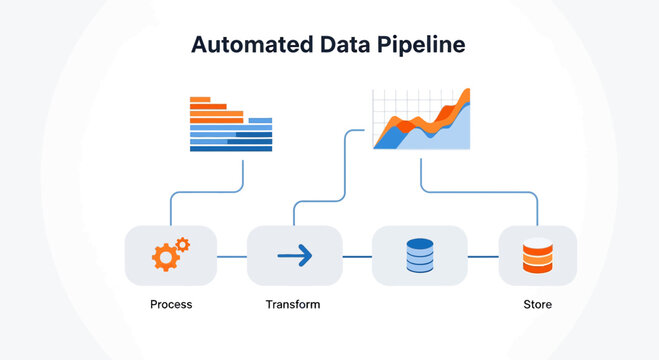 Automated Data Pipeline Flowchart: Process, Transform, Store with Graphs