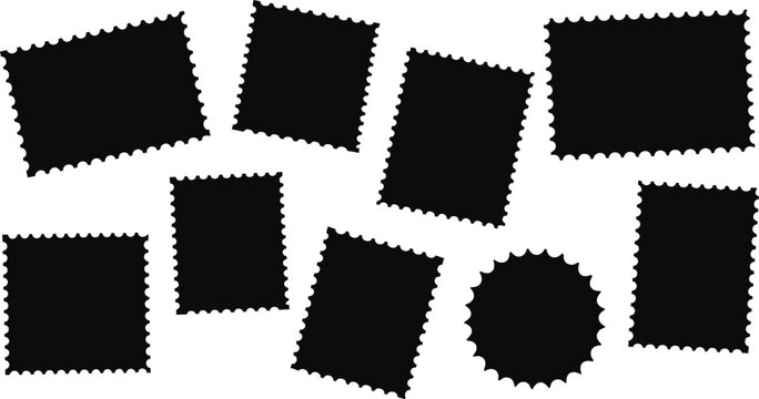 Blank postage stamp silhouette set collection with perforated edges template isolated on white background vector illustration elements for mail design