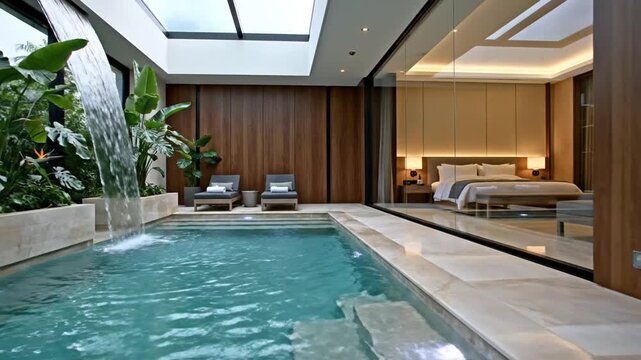 Modern indoor plunge pool with a waterfall feature, lush tropical plants, lounge chairs, wood-paneled walls, and a glass-enclosed bedroom suite visible through large windows.