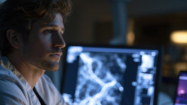 Expert focuses on fluoroscopy procedure in darkened room showing medical technology and patient imaging at a healthcare facility