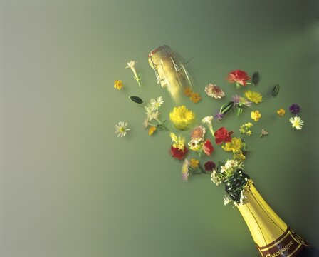 Flowers are jumping out from a bottle of champagne