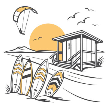 Beach scene with parasailer, surfboards, and beach hut at sunrise or sunset