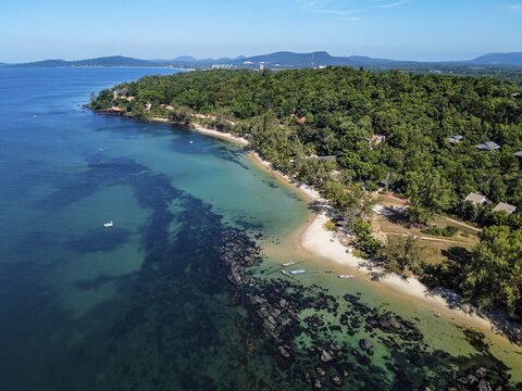 Aerial of the clear waters of Ong Lang beach, island of Phu Quoc, Vietnam