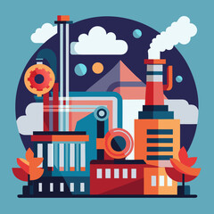Obraz premium Modern Industrial Factory Complex with Smoke and Gears