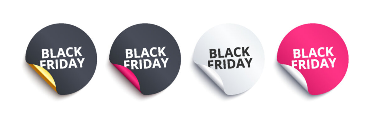 Collection of four circular Black Friday sale sticker labels with curled corners in dark gray, white, and pink colors, featuring realistic shadows on a white background.