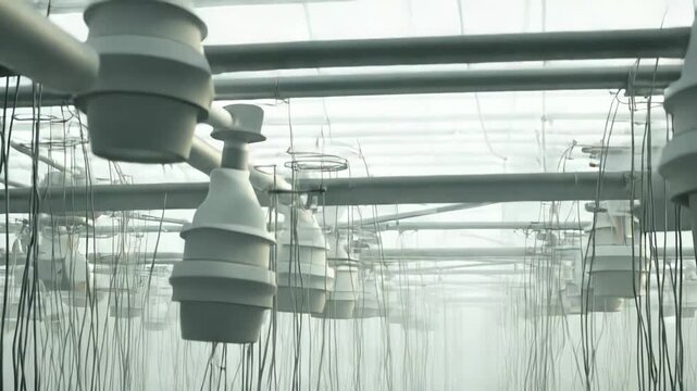 Automated commercial greenhouse interior with rows of hydroponic crops, misting and irrigation systems delivering controlled climate for efficient, sustainable food production
