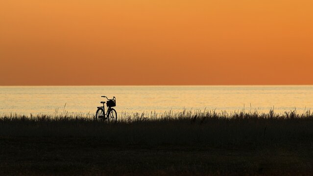 Bicycle standing in the grass, silhouette, sunset by the sea, Gotland Island, Baltic Sea, Sweden