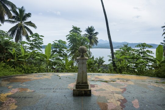 Monument for the center of the earth where the zero meridian and the equator meet, Ilheu das Rolas, Sao Tome and Principe, Atlantic ocean