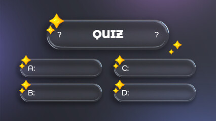 3D Quiz Interface Template with Glassmorphism Design, Dark Glossy Buttons for Questions and Answers A B C D, Yellow Sparkle Icons on Dark Gradient Background for Trivia Games. © Tuba Reza