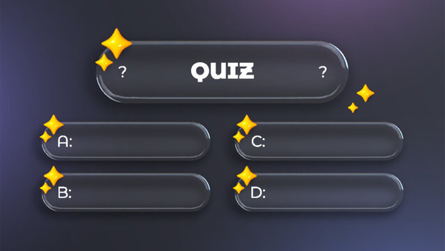 3D Quiz Interface Template with Glassmorphism Design, Dark Glossy Buttons for Questions and Answers A B C D, Yellow Sparkle Icons on Dark Gradient Background for Trivia Games.