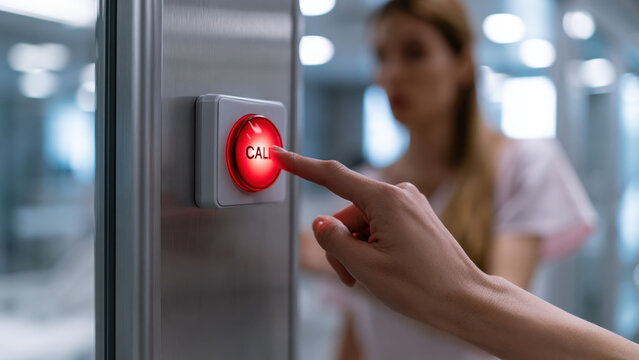 Nurse presses call button to seek assistance in a busy hospital setting during a day shift