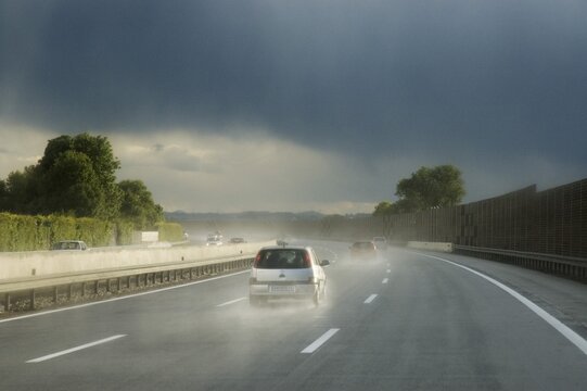 Driving in bad weather on the motorway Autobahn A1 from Vienna to Salzburg, Austria