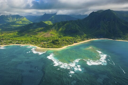 Aerial of the north shore of the island of Kauai, Hawaii, USA