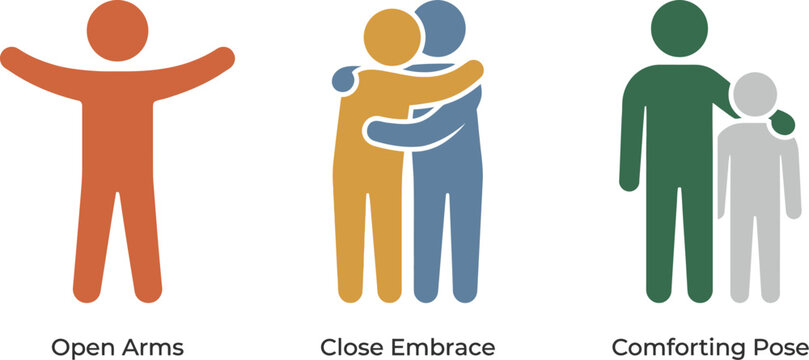 People icons represent human connection and emotional support through various poses of open arms, close embraces, and comforting physical contact.