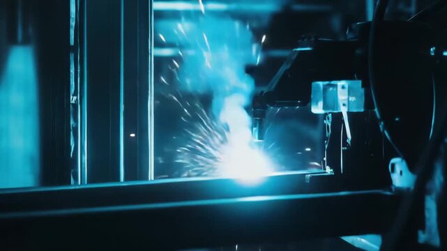 Automated robotic arm welding steel components with bright sparks in a modern industrial factory, highlighting precision, automation, advanced manufacturing and blue lit machinery