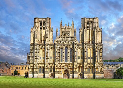 The facade of the medieval Wells Cathedral built in the Early English Gothic style in 1175, Wells, Somerset, England, United Kingdom